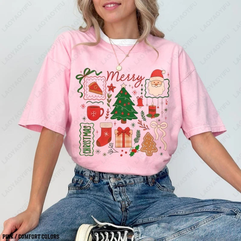 Preppy Style Merry Christmas Stamps Coquette TShirt Sant New Year Xmas Tree Bow Cute Casual Shirt Womens Men Cotton Holiday Tees