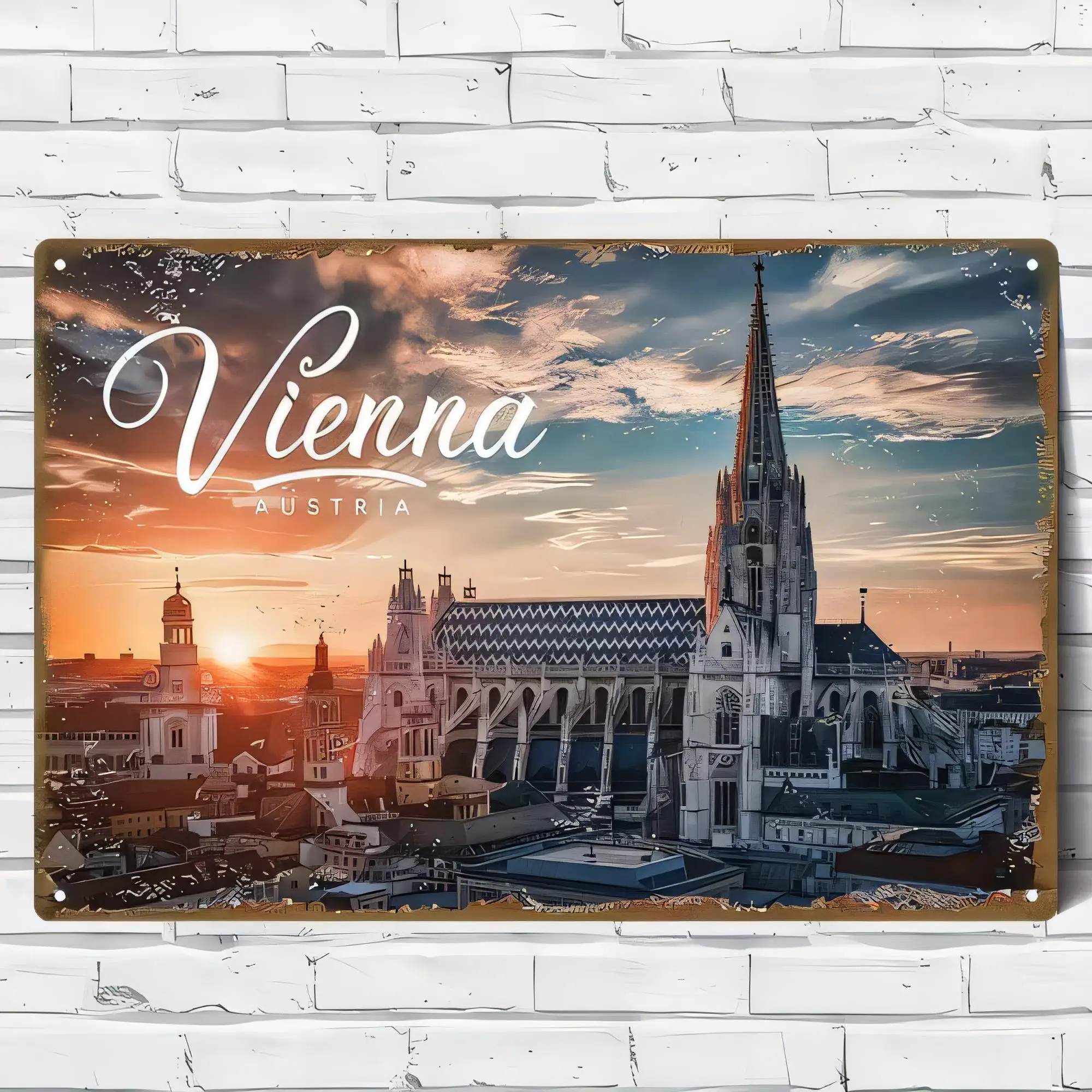 Blechschild Wien Österreich Skyline Sonnenuntergang Vintage Metallposter Wanddekoration, Retro Reise-Souvenir Plakette für Bar Pub Garage Café, Ru