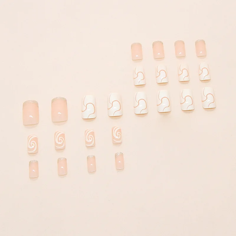 24 stuks lange vierkante pers op nagels - champagne en crème witte glitter met onregelmatige strepen en aderen ontwerp