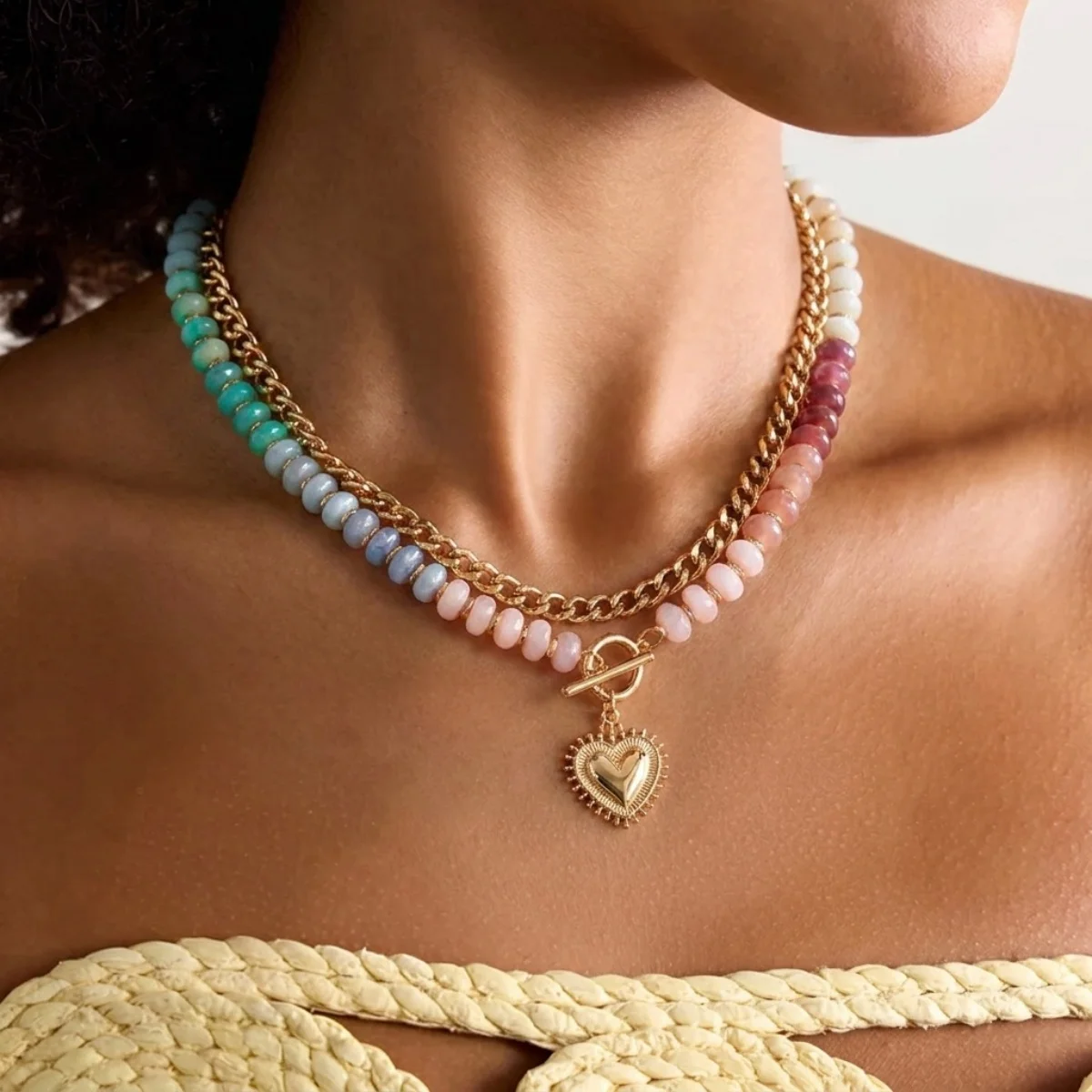 Y2K-Halskette mit Herzanhänger aus farblich abgestuften Harzperlen für Damen und Herren, Liebesherz, bunte Acrylperlen, Choker, ästhetischer Schmuck – Detail 14