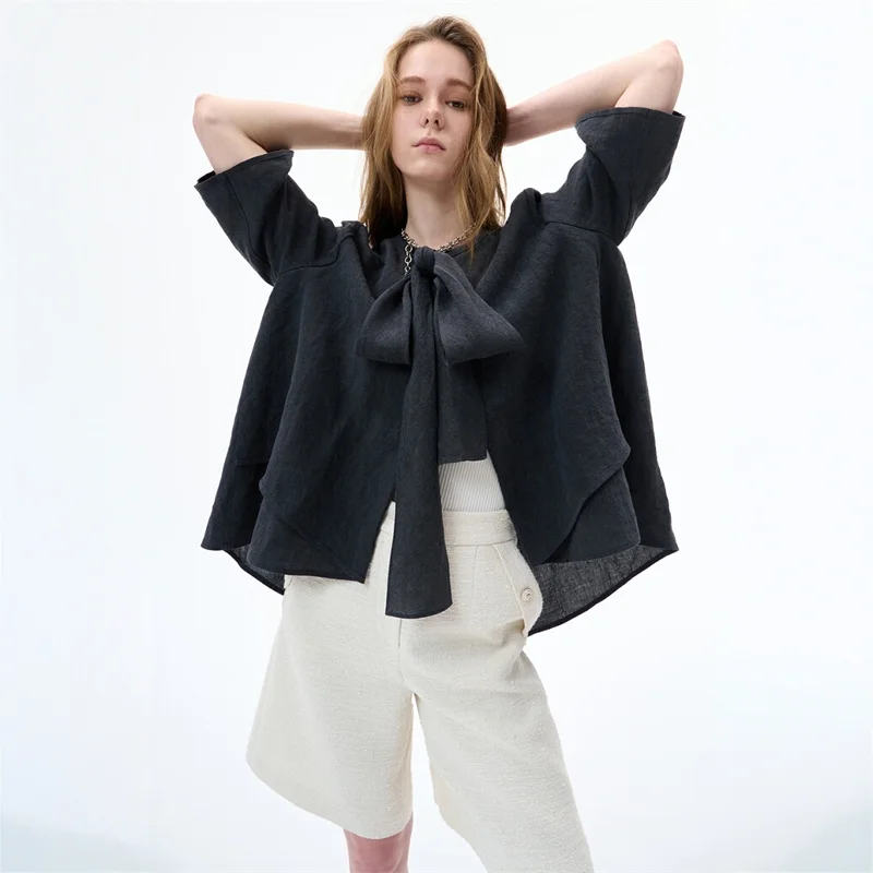 

Ele Commute Knot Flared Sve irt Five Quarter Sve Small Top Summer 2025 Casual Women's irt Linen 00%