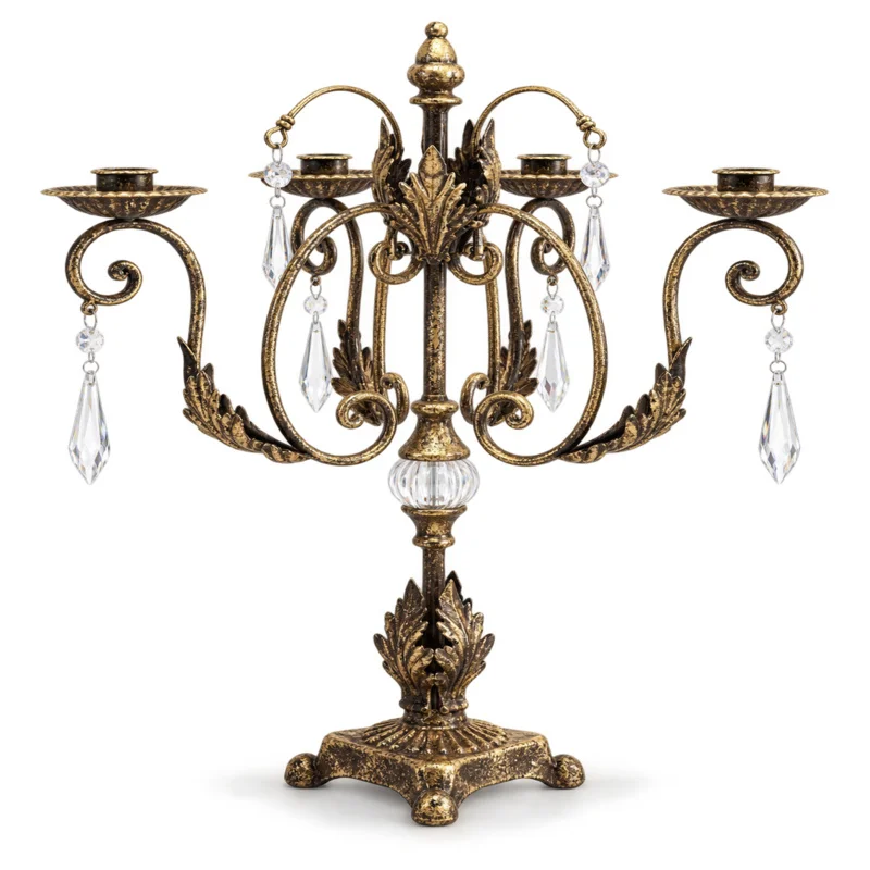 Vintage Gold 4-Arm Iron Candelabra with Acrylic Crystal Pendants, Victorian Table Candle Holder for Wedding Home Decor