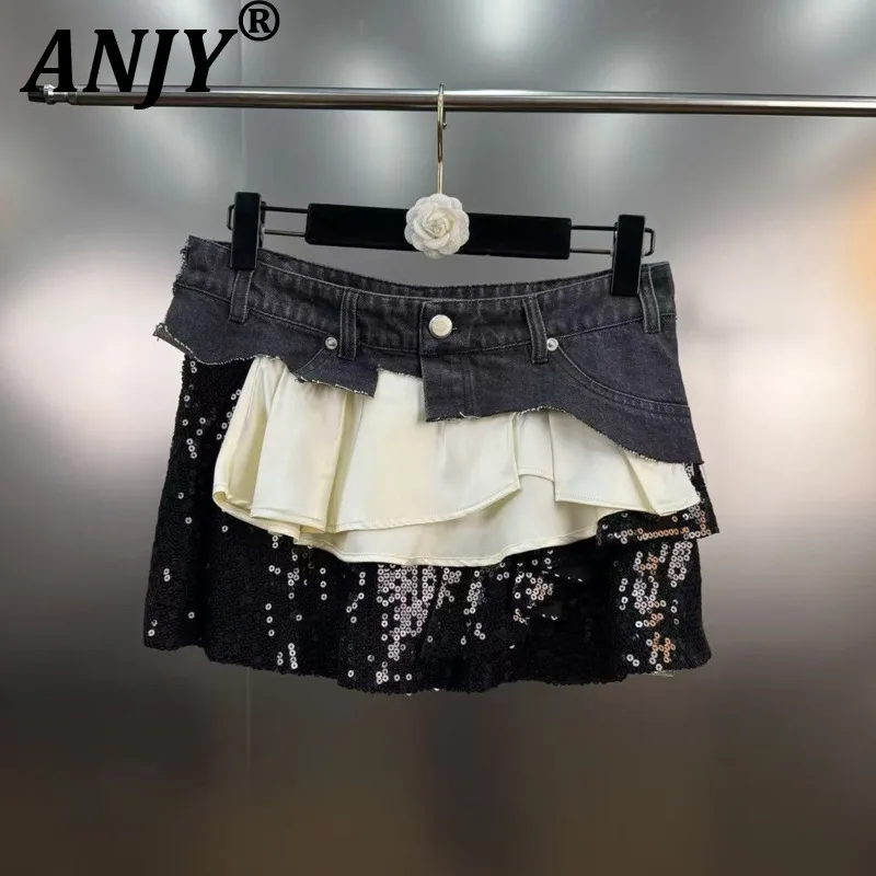

ANJY Summer New Women Fashion Streetwear Hip Hop Trendy Chic Hot Original Personality Sequins Patchwork Denim Short Skirts A7668