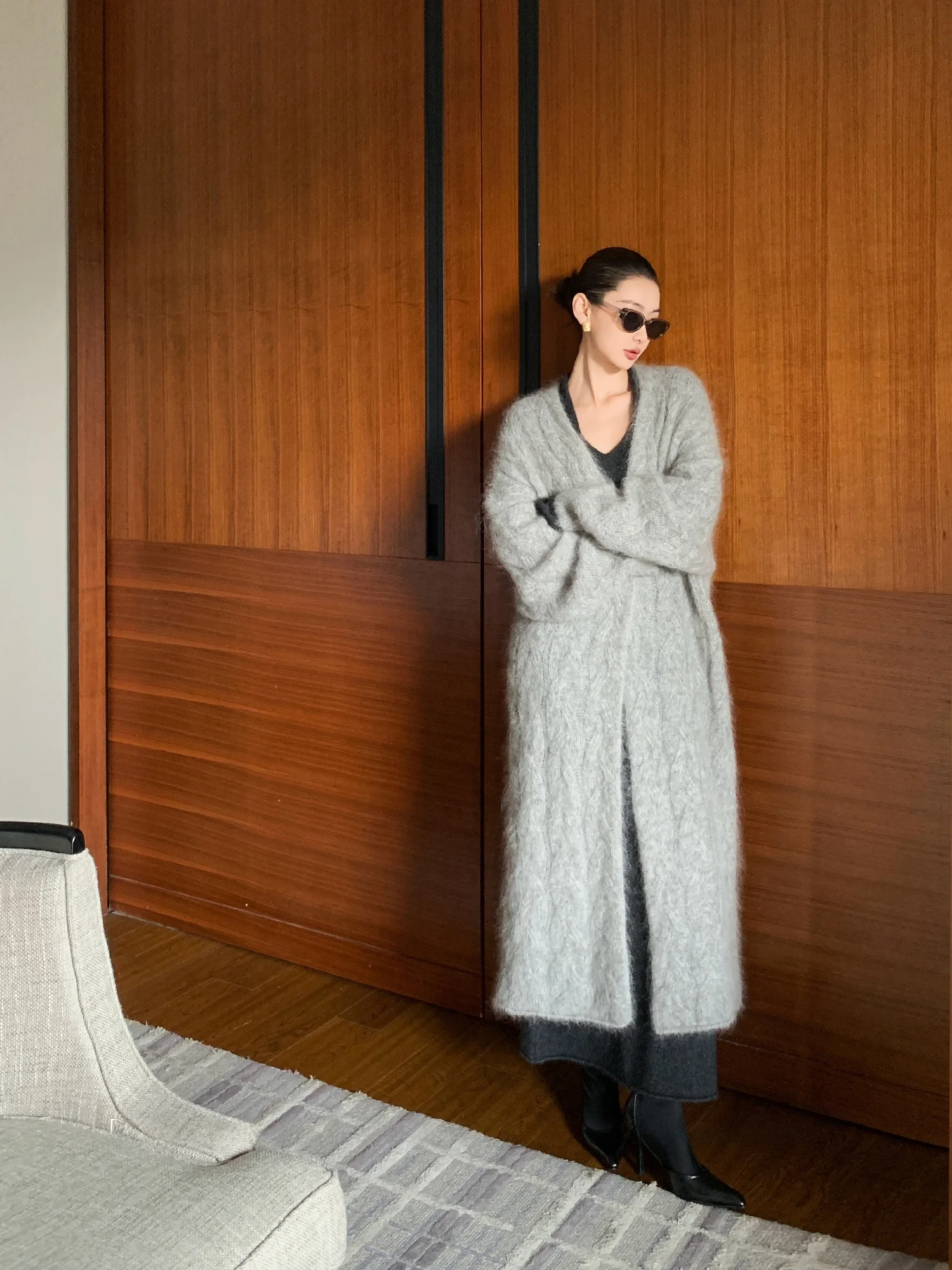 

DONGNI3 Women's Loose Long Sve Knitted Cardigan Outerwear Autumn Winter Wool Blend Camere Open Front Pearl Detail