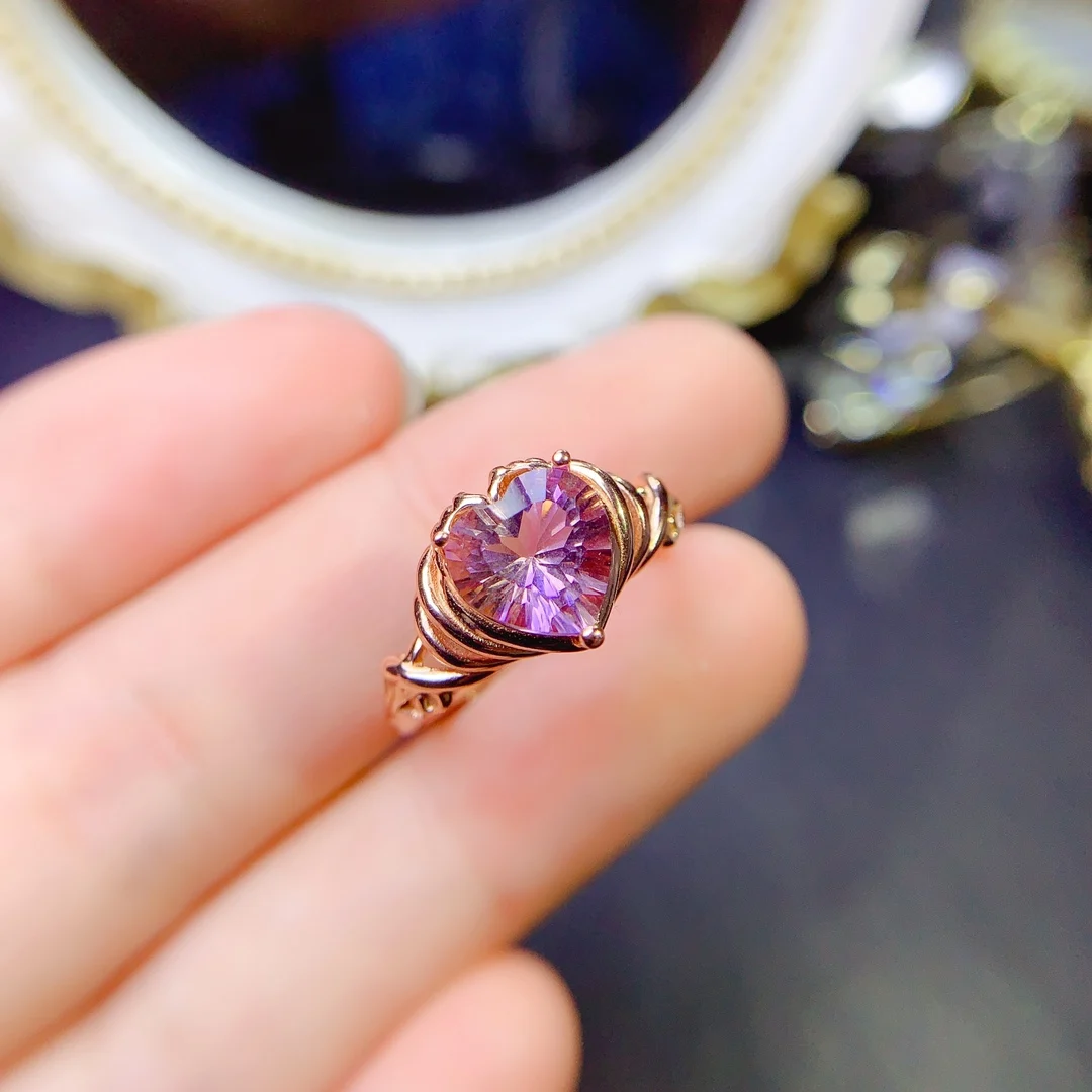 

FS 8mm Heart-shaped Natural Ametrine Ring S925 Sterling Silver for Women Fine Charm Weddings Jewelry MeiBaPJ With Certificate