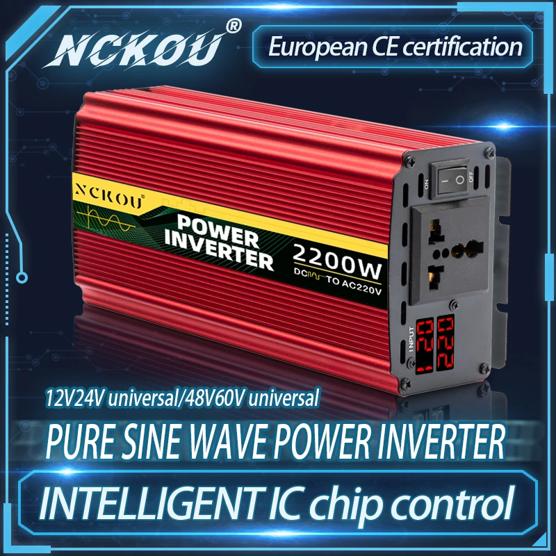 Inverter Pure Sine Wave 1600W 2200W WDC 12V/24V to AC 220V 230V Voltage Transfer Converter Charging Adapter EU Socket 50HZ 60HZ