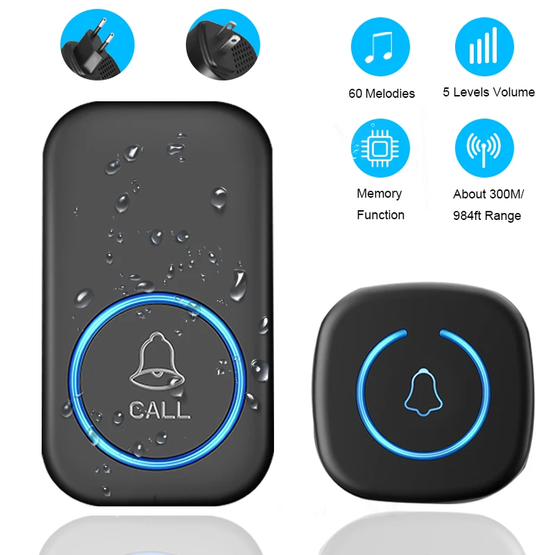

Wireless Doorbell IP44 Waterproof Smart Home Welcome Door Bell 300M Range 60Songs Intelligent Home Chime Bell Kit US/EU Plug