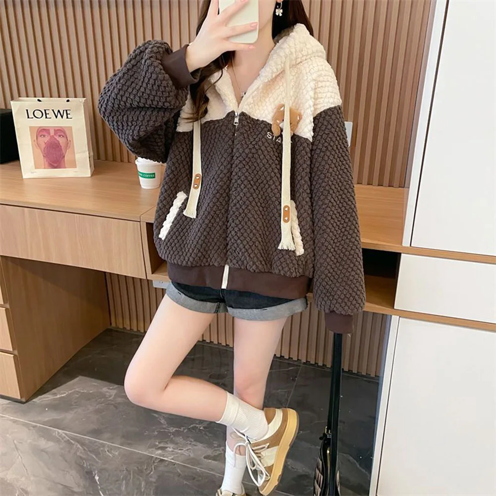 Autumn Winter Lamb Wool Cute Sweatshirts Coat Women\'s Trend Thicken Loose Hooded Jacket Female Cartoon Bear Casual Hoodies Tops