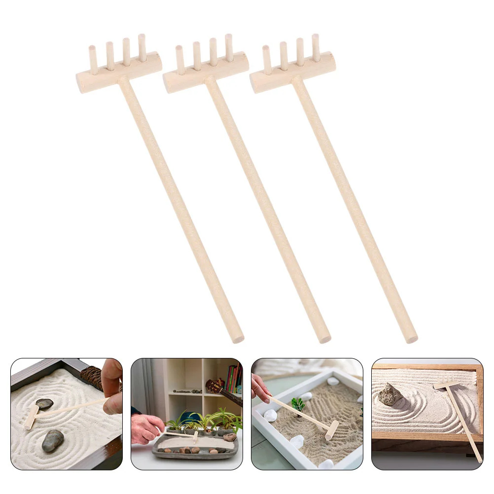 3 Pcs Japanese Style Bamboo Rake and Sand Ornament Zen Garden Miniature Decorate Set Rakes Sandbox