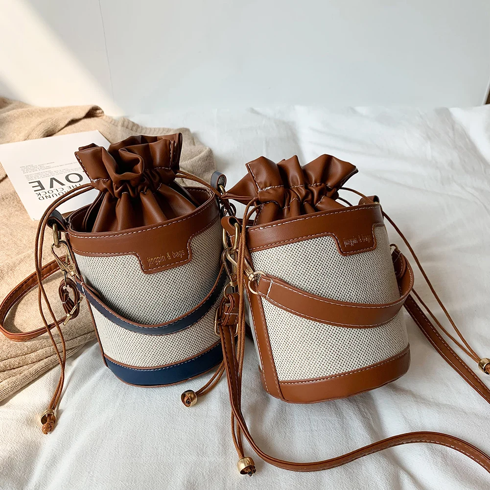 Women Shoulder Bags Cylinder PU Leather Bucket Crossbody Bag Casual Drawstring Handbags Purse for Travel Shopping