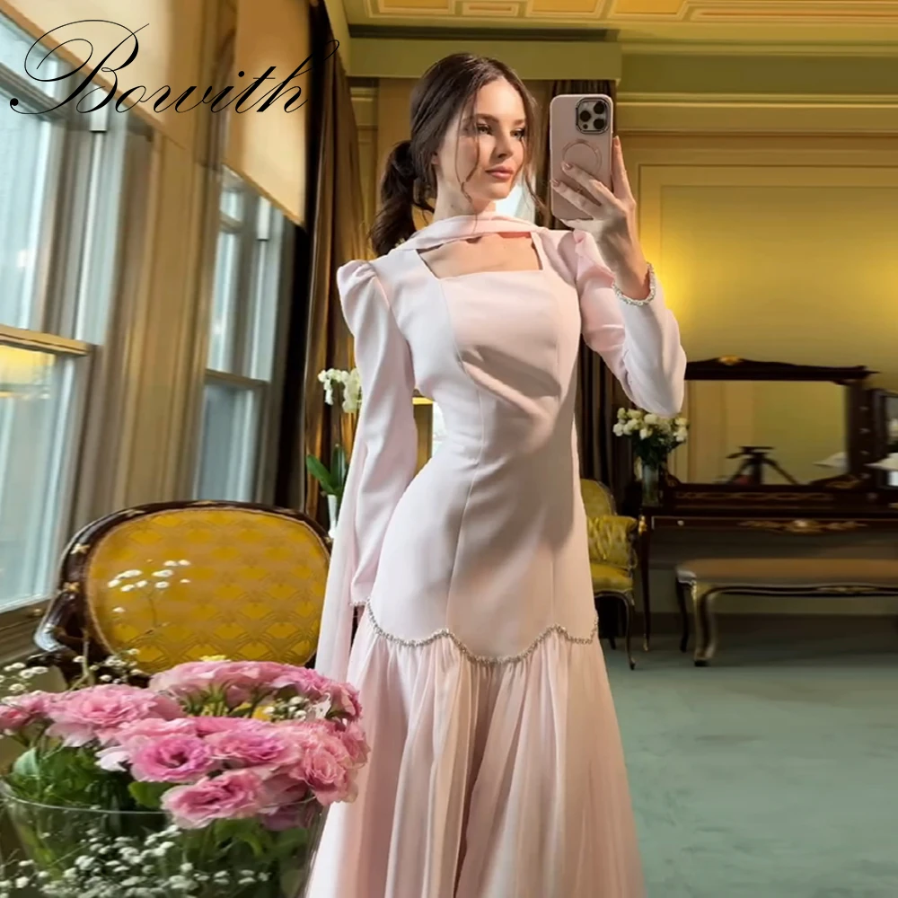 

Bowith Square Collar Long Sleeves Formal Evening Dresses Patchwork Elegant Prom Gown Customized Evening Party Dresses for Women