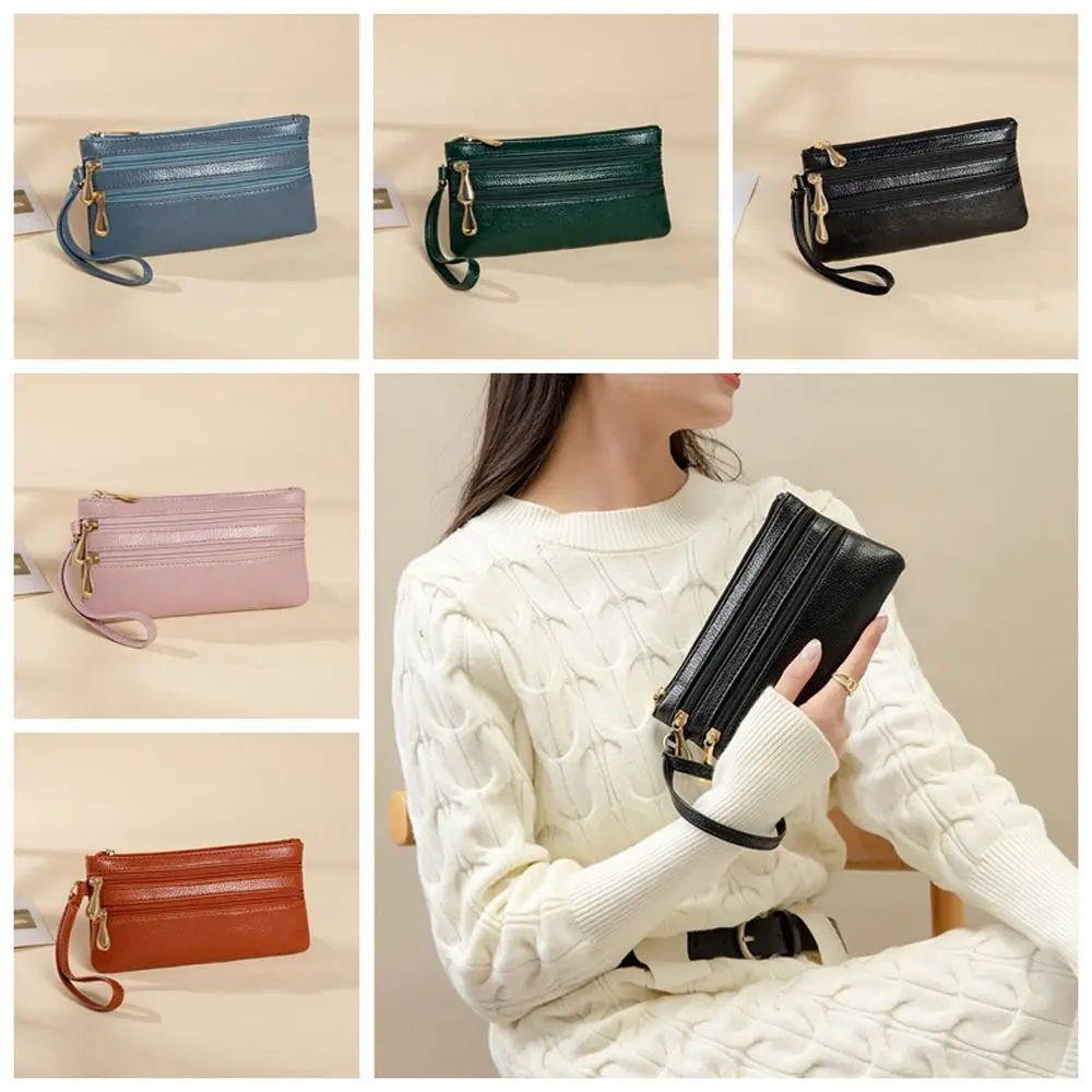 

Solid Color Two Zipper Coin Purse Multi-pocket Large Capacity Lychee Pattern Long Wallet Storage Bag Card Holder Female/Male
