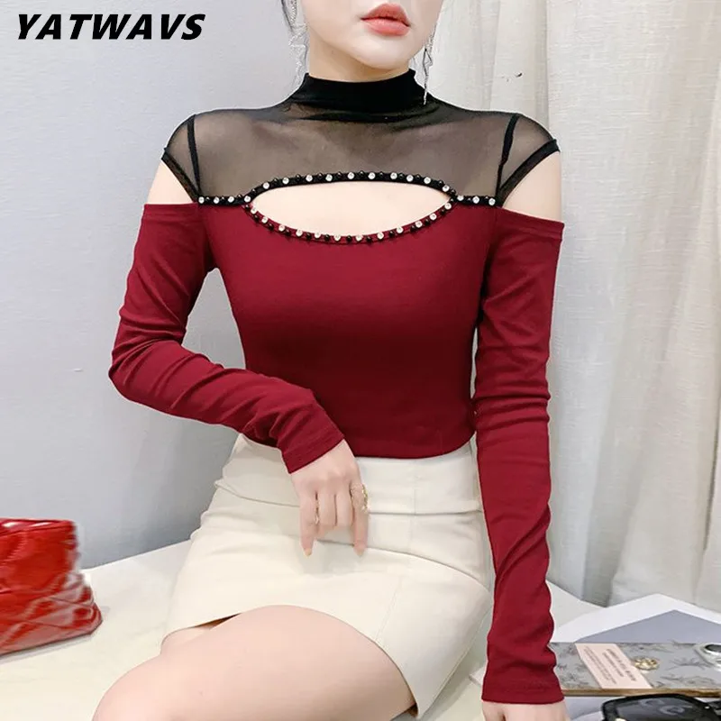 

2025 New European Women's Long Sleeves T-shirt Clothes Chic Sexy Hollow Out Hot Diamonds Tees Elegant Ladies Slim All-Match Top