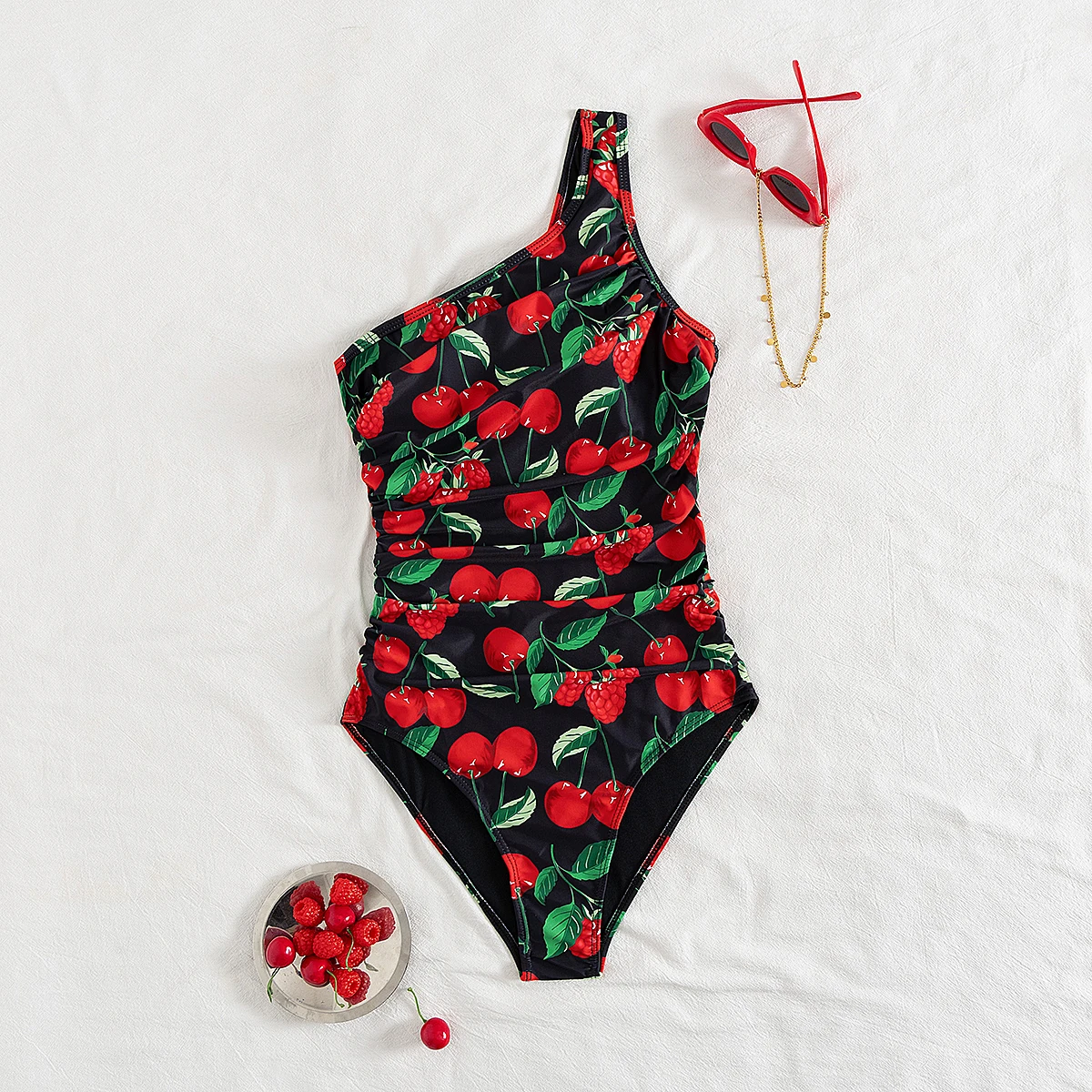 Strój kąpielowy jednoczęściowy z seksownym nadrukiem wiśni na rok 2025, asymetryczny krój, idealny na plażę, imprezy przy basenie, letnie wyjazdy i wakacje.