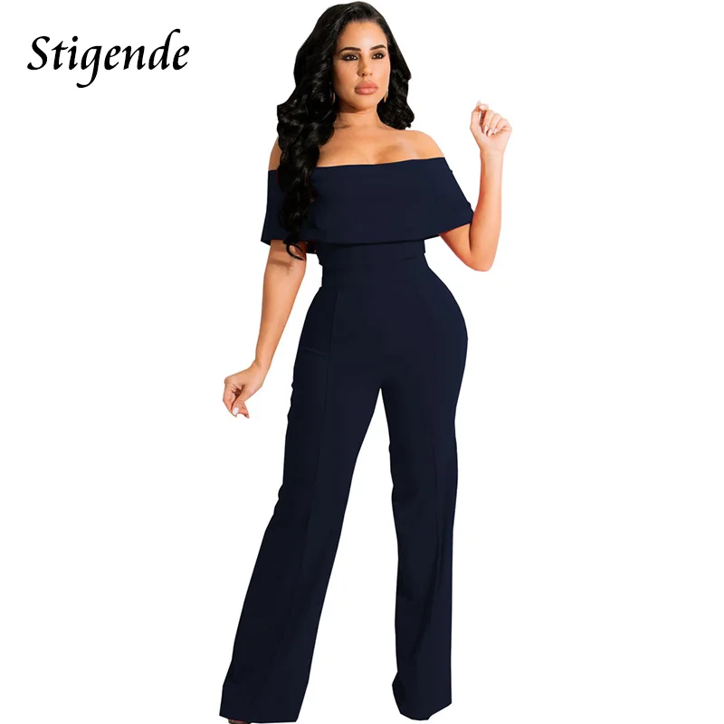 Stigende Women Wide Leg Off Shoulder Jumpsuit Slash Neck Bodycon Romper Jumpsuit Elegant Zipper Patchwork Solid Color Overalls