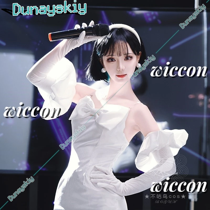 Sua Cosplay Costume Wig Anime Alien Stage Cosplay Costume Microphone White Dress Earrings Short Black Wig Sua Cosplay Clothing