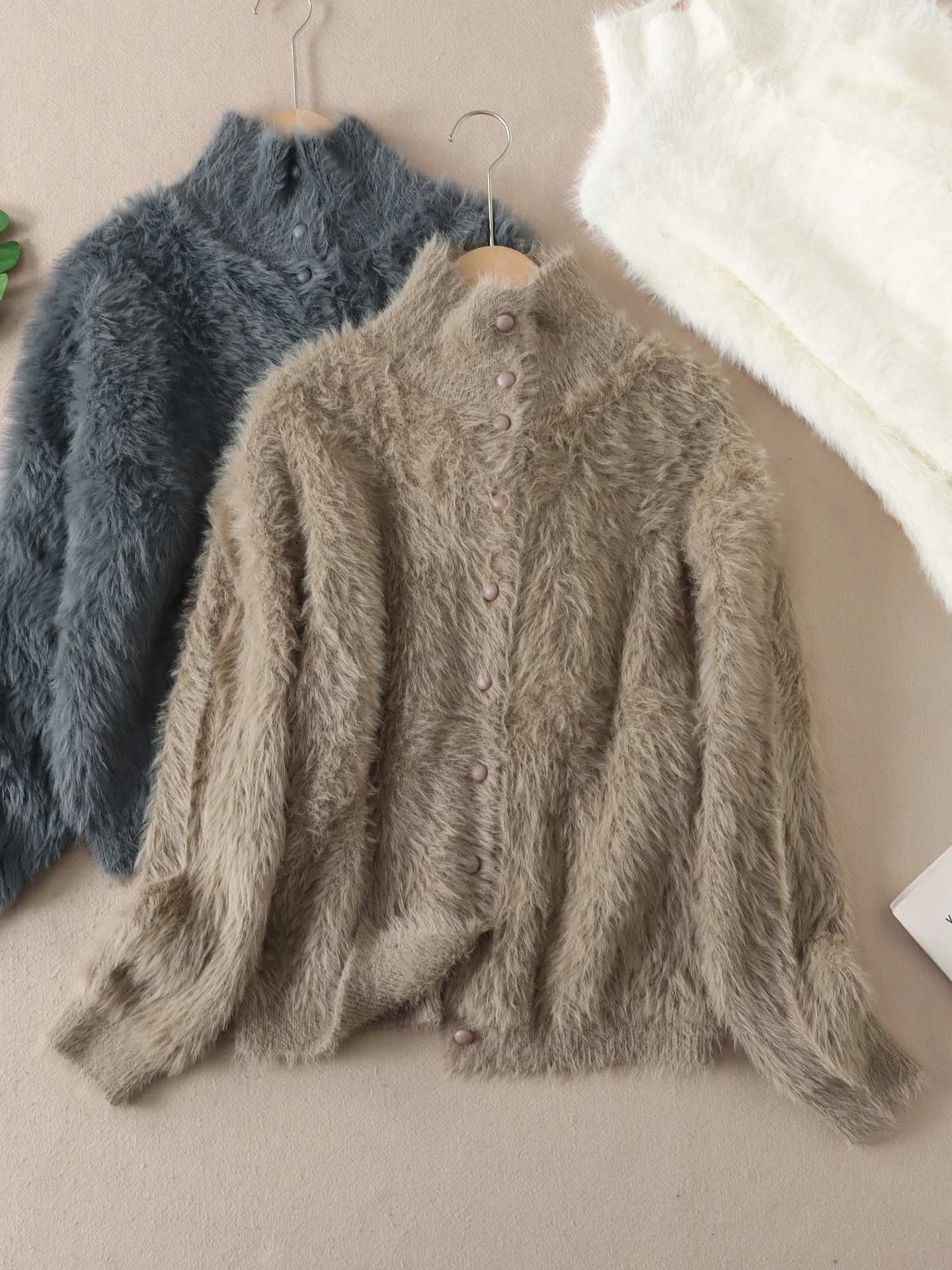 

Warm High Collar Long Hair Faux Mink Open Cardigan Women's Autumn Winter Faion Single Button Knitwear Coat Sli Commute