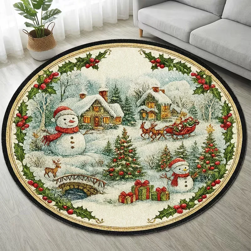Round Vintage Christmas Snow Village Area Rug Snowman Sleigh Reindeer Holly Berry Winter Scene Decor Carpet For Living Room