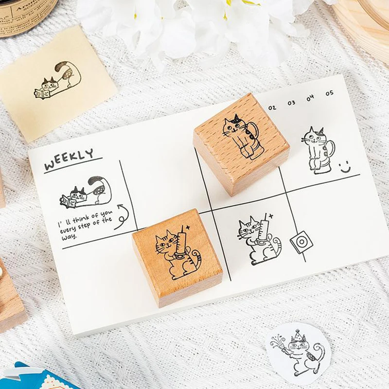 Retro Kawaii Wooden Rubber Stamps Cute Cartoon Little Black Cat DIY Decoration Stamp Creative Diary Hand Account Seal Gifts