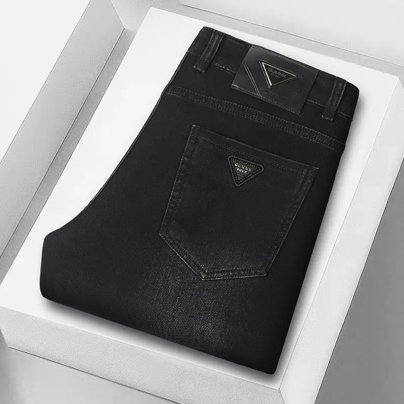 الخريف الشتاء الرجال عادية مستقيم الساق الجينز سميكة مريحة مطاطا سراويل جينز عالية الجودة سليم صالح الرجال الجينز #5