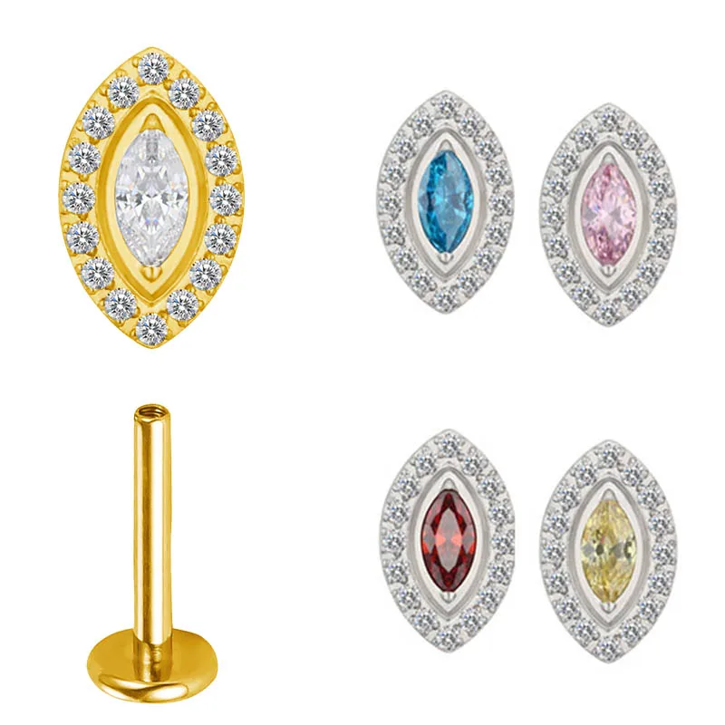 

G23 Titanium oval EAR PIERC Marquise Zircon Center Paved Threaded Top Studs Tragus Pircing Earrings Lip Stud Piercing Jewelry