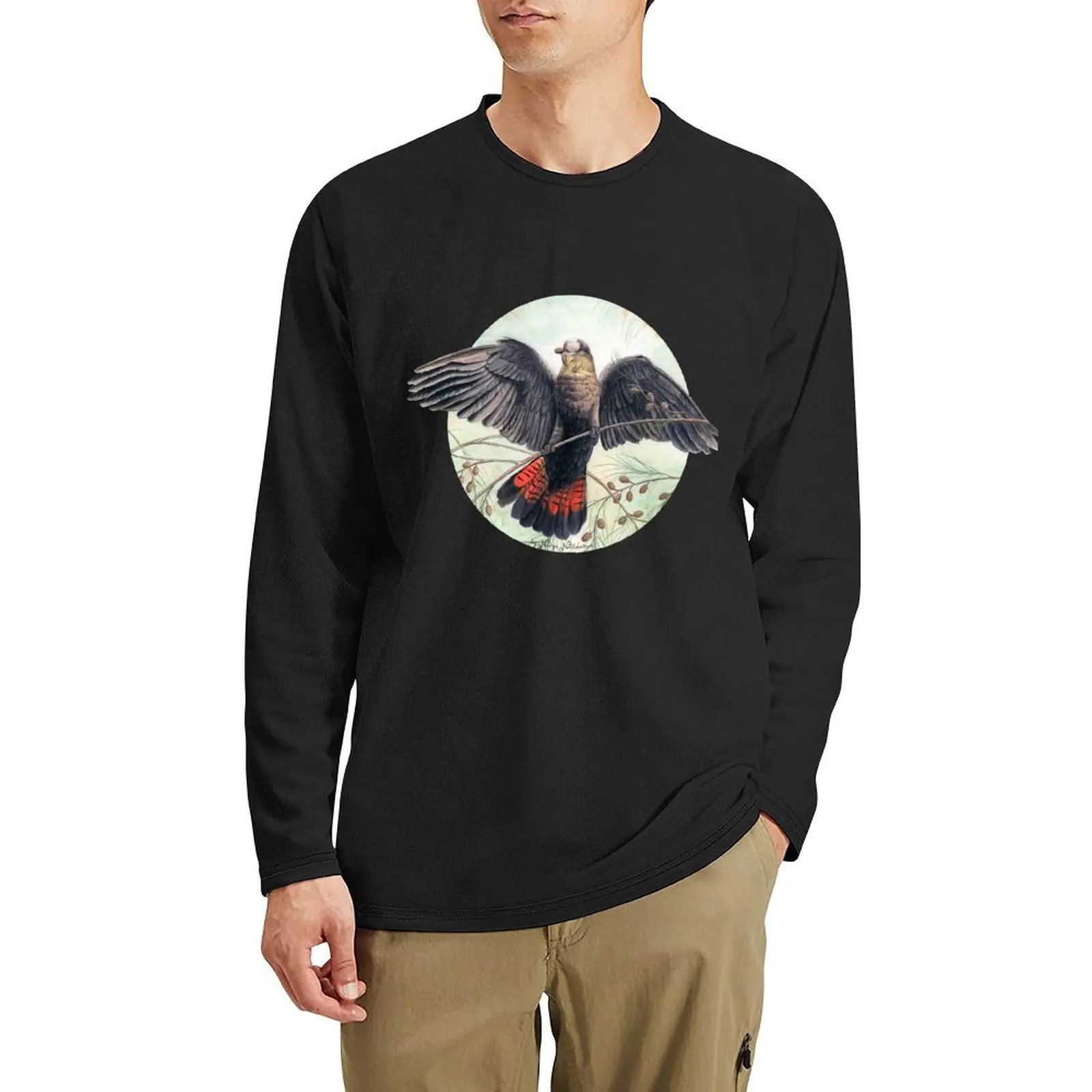 Glossy Black Cockatoo art by Nadya Neklioudova Long T-Shirt anime Aesthetic clothing tops mens graphic t-shirts anime