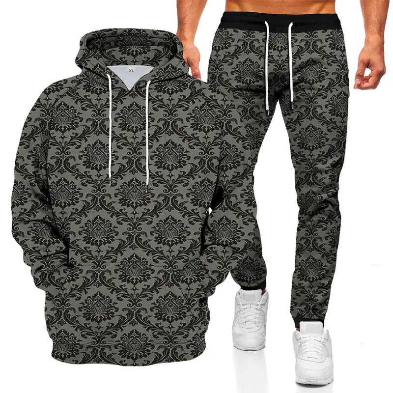 Men\'s Hoodies Sweatshirts Pants Suits 3D Geometric Printed Hoodie Sports Suit Fashion Tracksuits Outfits Mens Clothing 2Pcs Sets