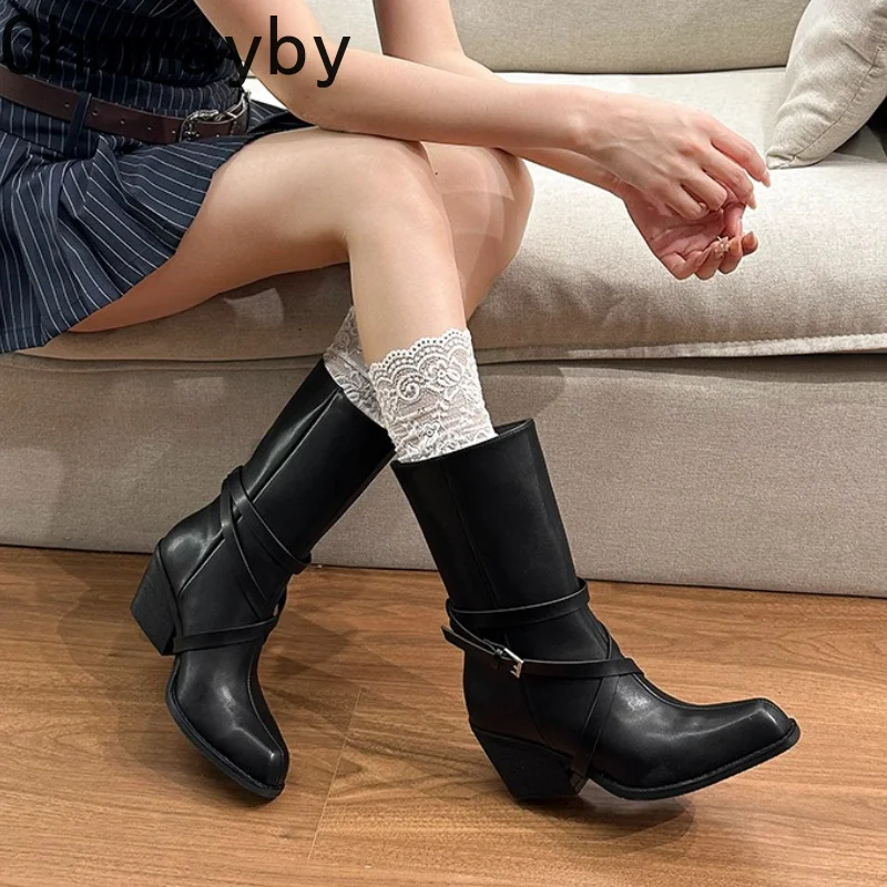 Autumn Cross Strap Buckle Women Mid Calf Boots Pointed Toe Block Heel Shoes Vintage Leather Daily Commute Botas Mujer