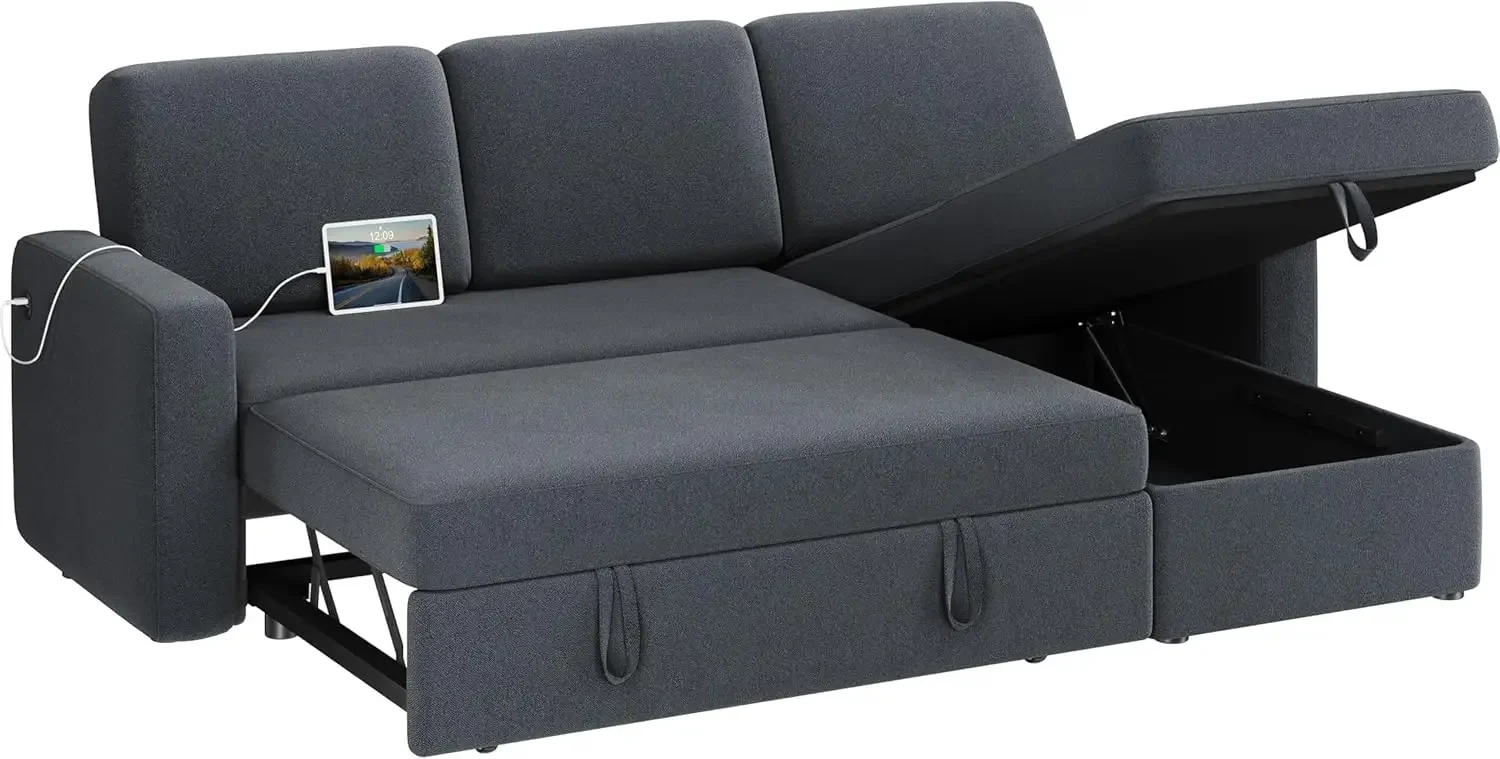 

Sectional Sofa L Shaped Sofa Couch Bed Chaise USB Reversible Couch Sleeper Pull Out Bed Storage Space 4 seat Fabric Convertible