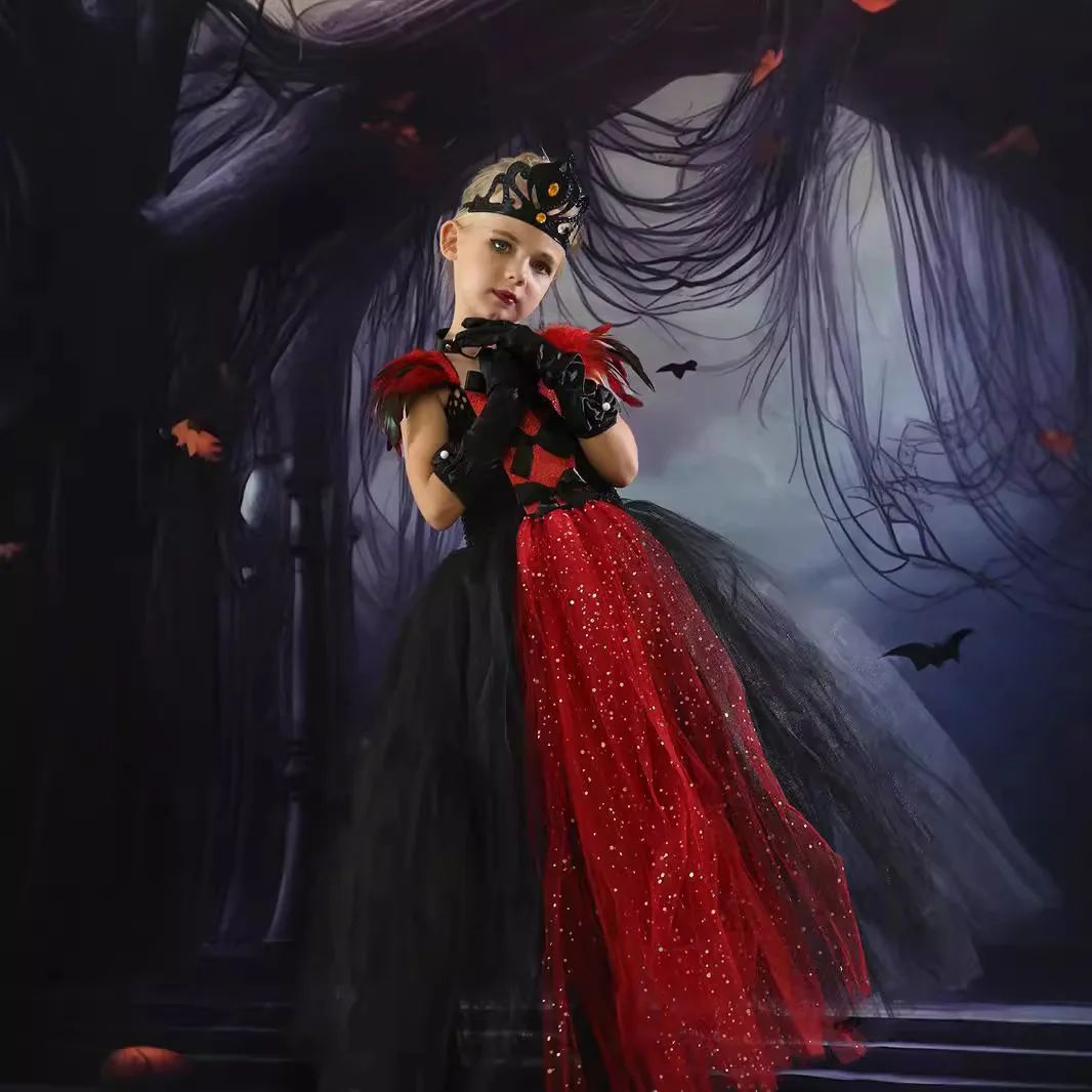 New 5pcs/set Vampire Queen Costume for Girls Spider Witch Halloween Long Tutu Dress Kids Carnival Outfit Gothic Feather Clothes