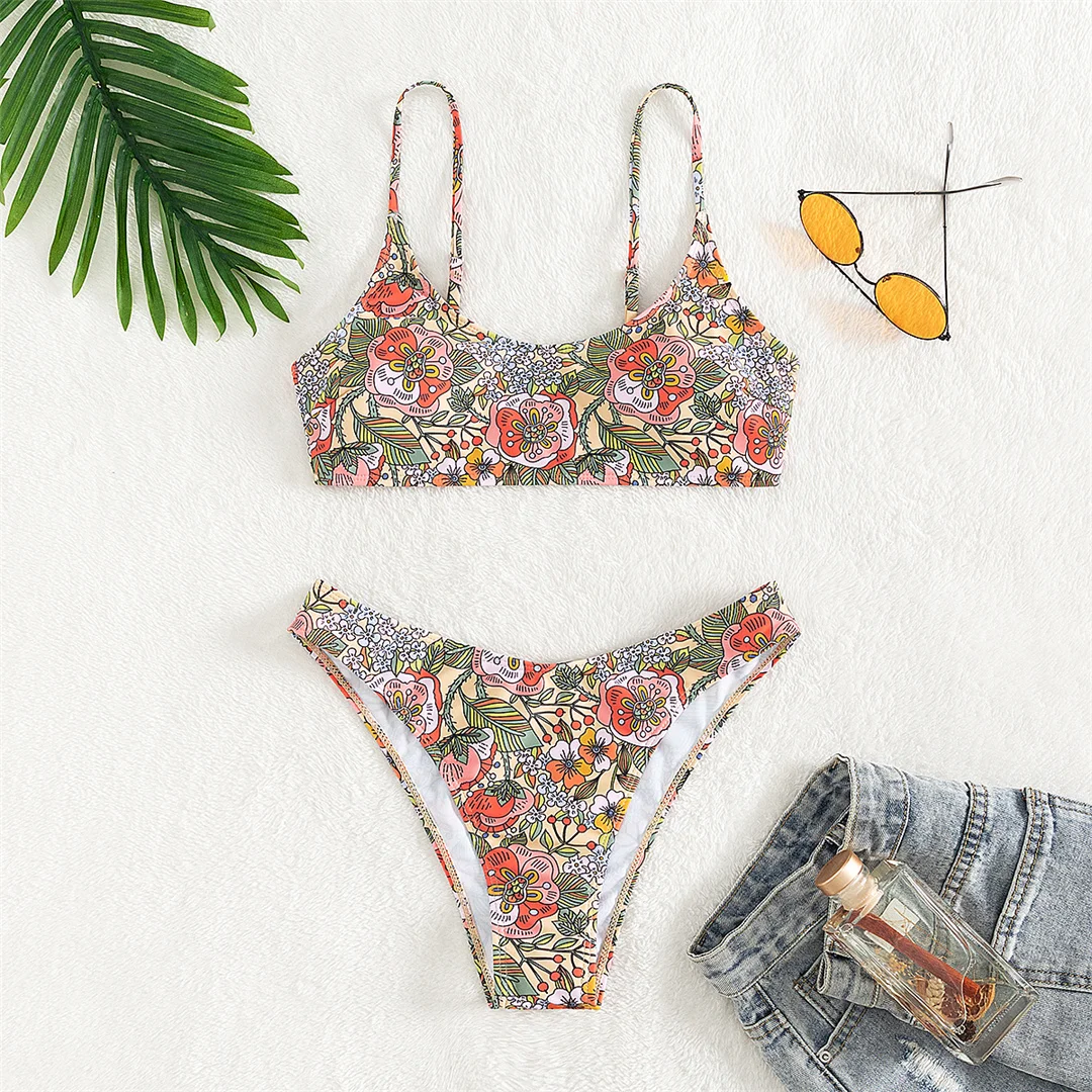 Brasilianischer Bikini mit Blumenmuster, mittelhoher Bund, Damen-Badebekleidung, zweiteiliges Bikini-Set, Badeanzug, Badebekleidung, Modell V5002. – Detail 12