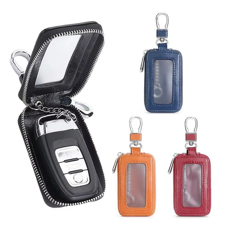 Visual Mirror Window Car Key Protector Bag Leather Key Holder Mini Auto Key Pocket Case Retro Keyring Wallet Zipper Bag