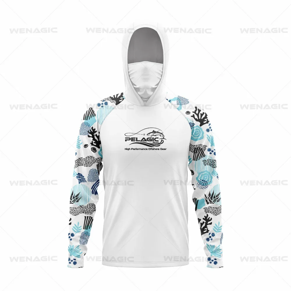 Pelagic Gear-Long Sleeve Hooded Face Cover, Fishing Shirts, UV Protection, Fishing Face Mask Clothes, New Tops, Upf 50
