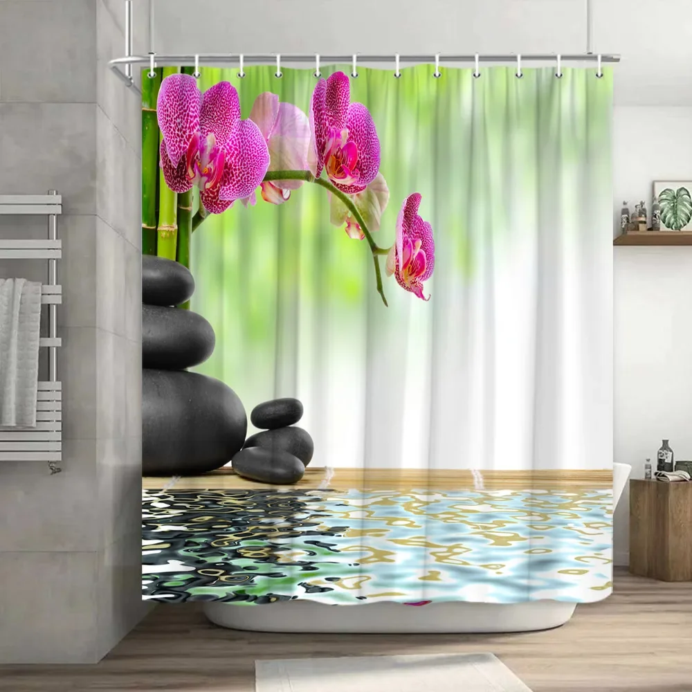 Green Bamboo Zen Stone Shower Curtains Lotus Flowing Water Zen Landscape Shower Curtain Home Bathroom Decoration Set with Hooks