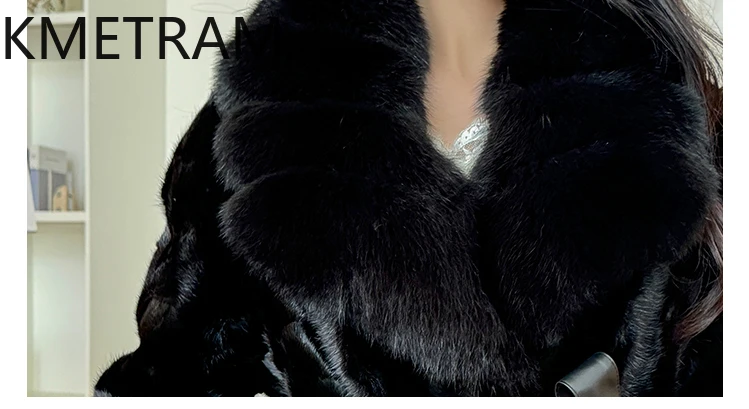معاطف فرو المنك 100% من KMETRAM معطف نسائي فاخر أسود طويل من فرو المنك الحقيقي مع ياقة من فرو الثعلب 2025 ملابس شتويةшуба vrouwska