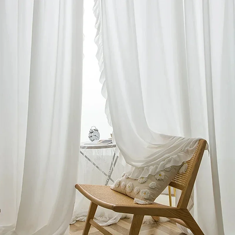 White Vintage Ruffle Tulle Curtains For Girls Bedroom Romantic Bay Window Drapes Living Room Soft Chiffon Thicker Sheer