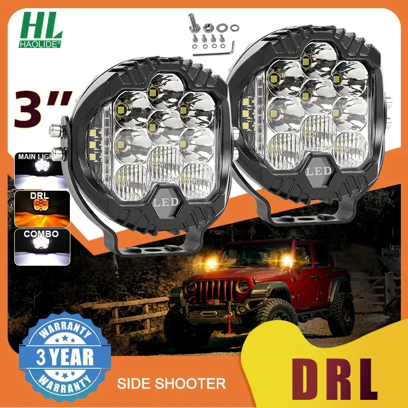 HAOLIDE Car Led Work Light 3inch Dual Color Headlight DRL Offroad Driving Spotlight Fog Light For Jeep Truck Cars Boat 12V 24V