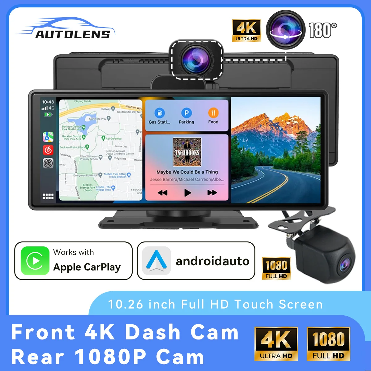 Wireless Portable Carplay Screen for Car - 10.26Inch Carplay & Android Auto Car Touch Stereo, with 4K Dash Cam, 1080P Backup Cam