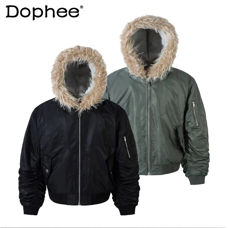 

Men's Faux Fur Collar Long Sleeve Parkas 2025 Winter New Thickened Warm Zipper Splicing Hooded Jackets Coats Solid Color Parkas