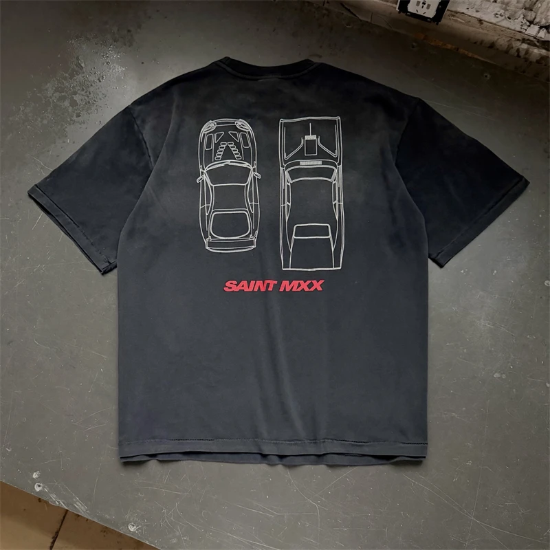 New Summer Saint Vintage Washed Print Pattern Casual Loose Round Neck Short Sleeved Street Cotton Versatile Oversize T-shirt