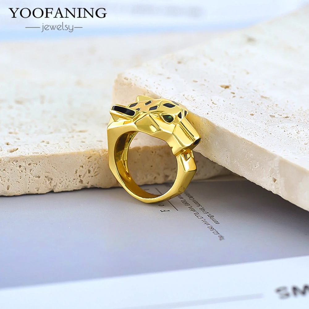 FOOANING24K cincin desain hewan motif macan tutul unik cincin pria dan wanita modis ukuran 6/7/8 mewah pesta perhiasan