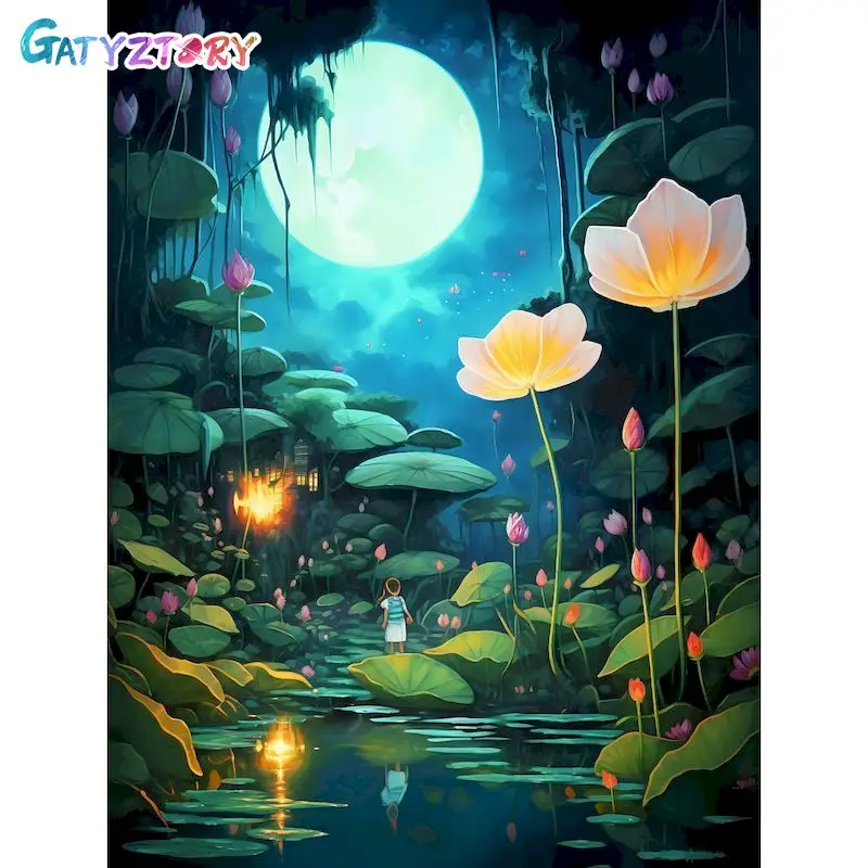 

GATYZTORY Modern Painting By Numbers Lotus Pond Scenery Picture Coloring Acrylic Paints Handmade Painting Decors Gift 40x50cm