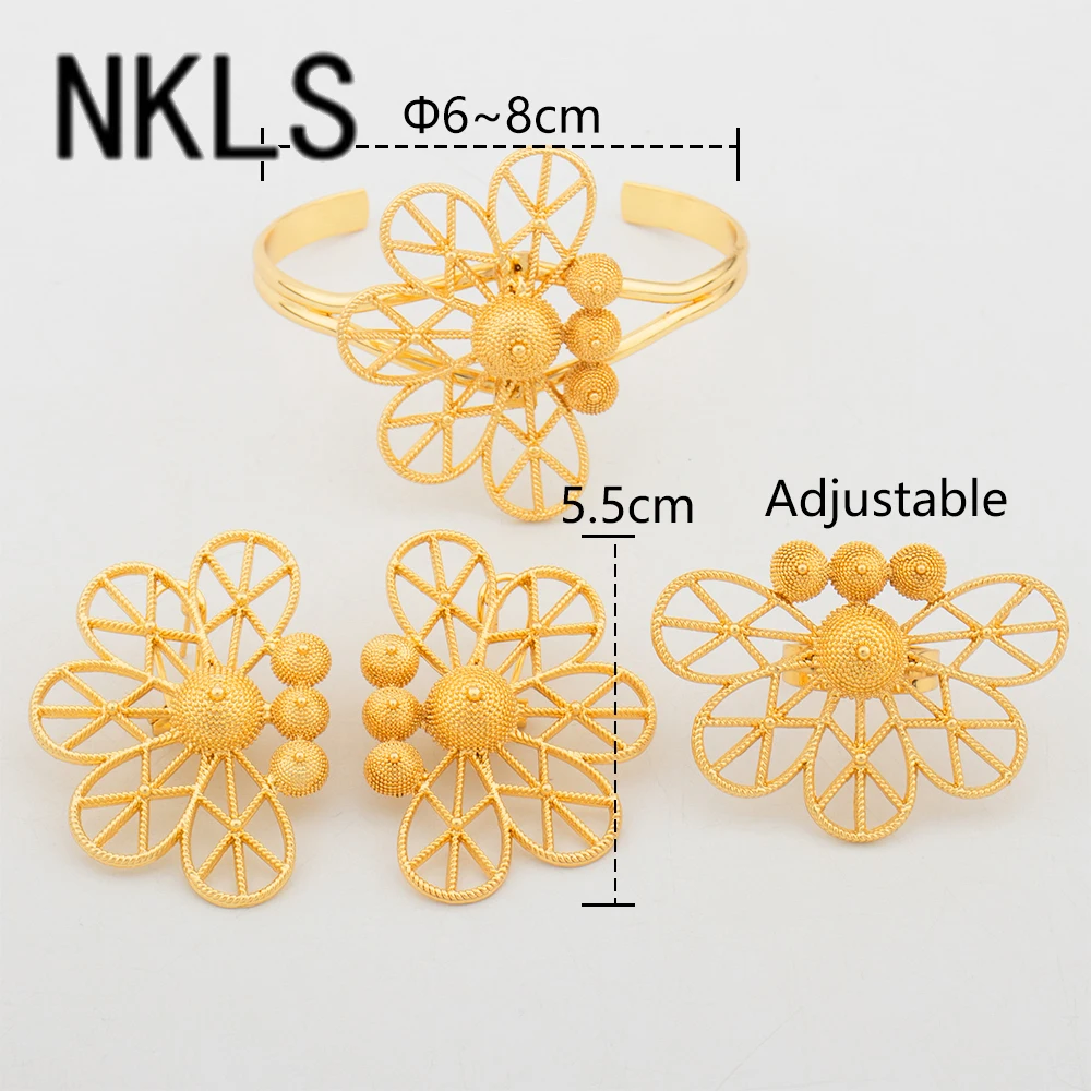 African Flower Jewelry Set for Women Gold Color Earrings Dubai Luxury Cuff Bangle Ring Jewellery Wedding Party Anniversary Gift