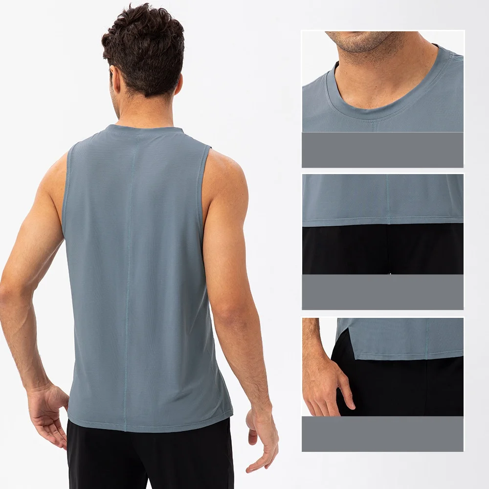 

Yoga vest with brand logo men summer sleeveless shirt anti-wrinkle crew neck T-shirt hem split pullover casual sports tank gilet