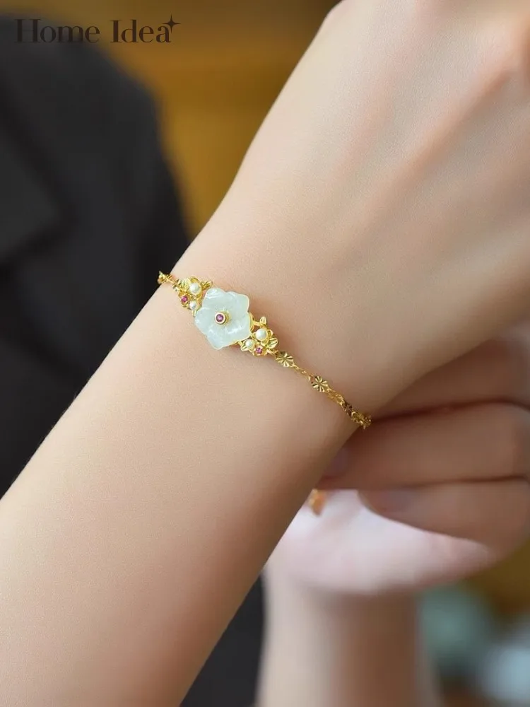 Fashion Jade Flower 925 Sterling Silver Gold-Plated Bracelet Women Fine Jewelry Chain Bracelet