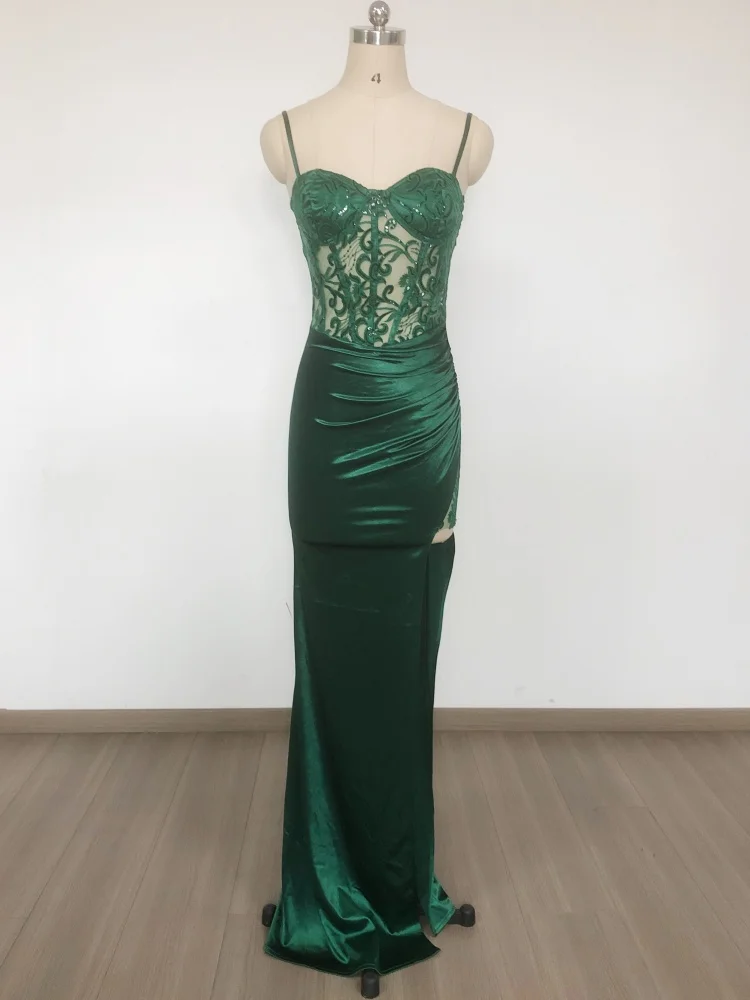 Elegancka zielona satynowa sukienka z koronkowym gorsetem i wysokim rozcięciem, damska prześwitująca sukienka wieczorowa na studniówkę i formalne okazje, Vestidos