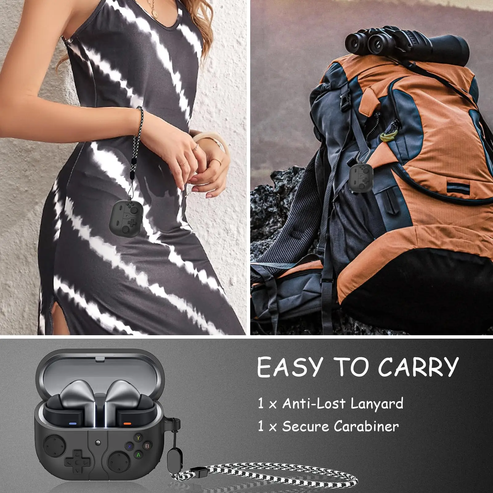 サムスンギャラクシーバッド3およびバッド3proの保護ケース,ゲームプレーヤーのデザイン,カラビナ付きカバー,ストラップ