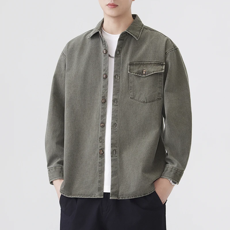

Men 2026 New Arrival Pure Cotton Work Shirt Spring Wide Shoulder Wash Cotton Clothes Male Single Breasted Outwear Shirt