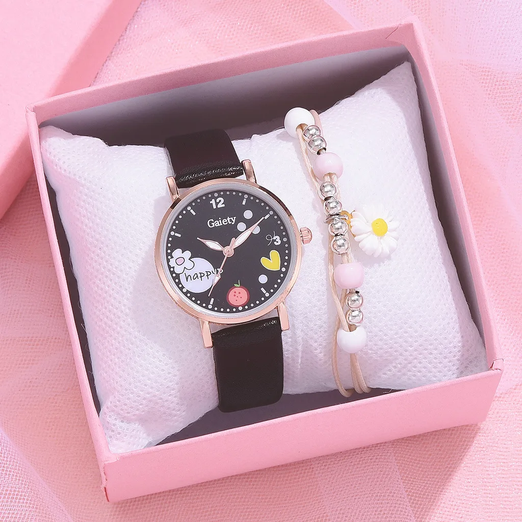 Women Watches Pink Cute Wristwatch Cartoon Pattern Quartz Watch Set for Girls Fashion Students\' Clock Relogio Infantil (No Box)