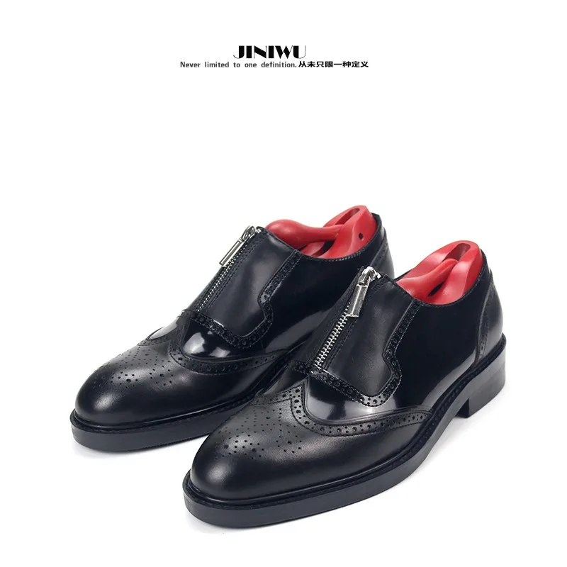 JINIWU 2026 Autumn Winter Brogue Slip On Leather Shoes, Zipper Carved Oily Black Splicing Cowhide Formal Men Dress Shoes
